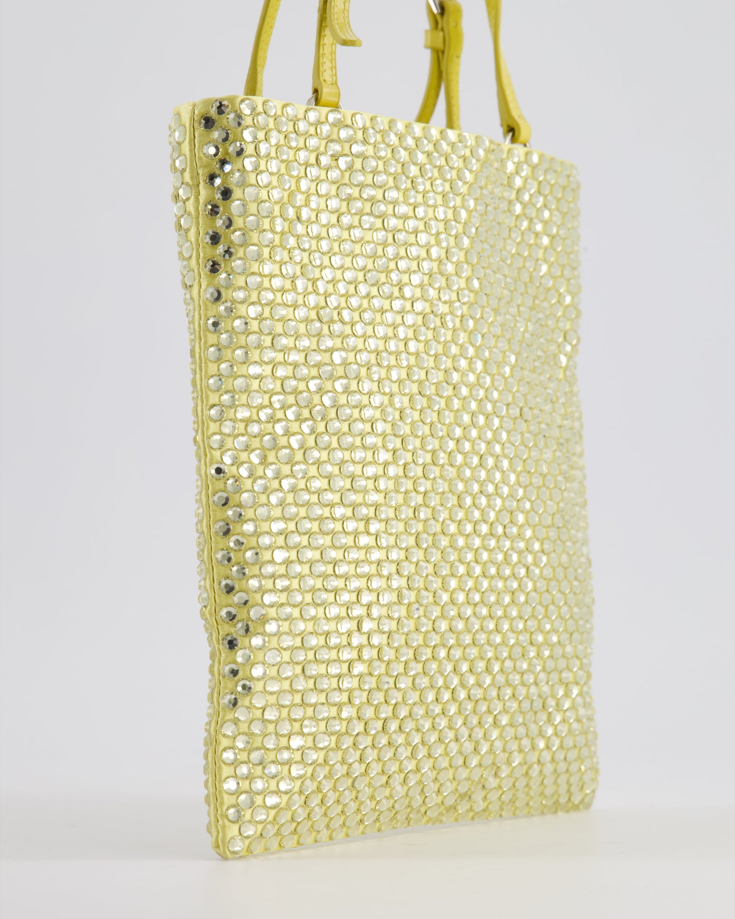Prada Yellow Satin Crystal Bag with with Chain and Triangle Logo Detail and Silver Hardware