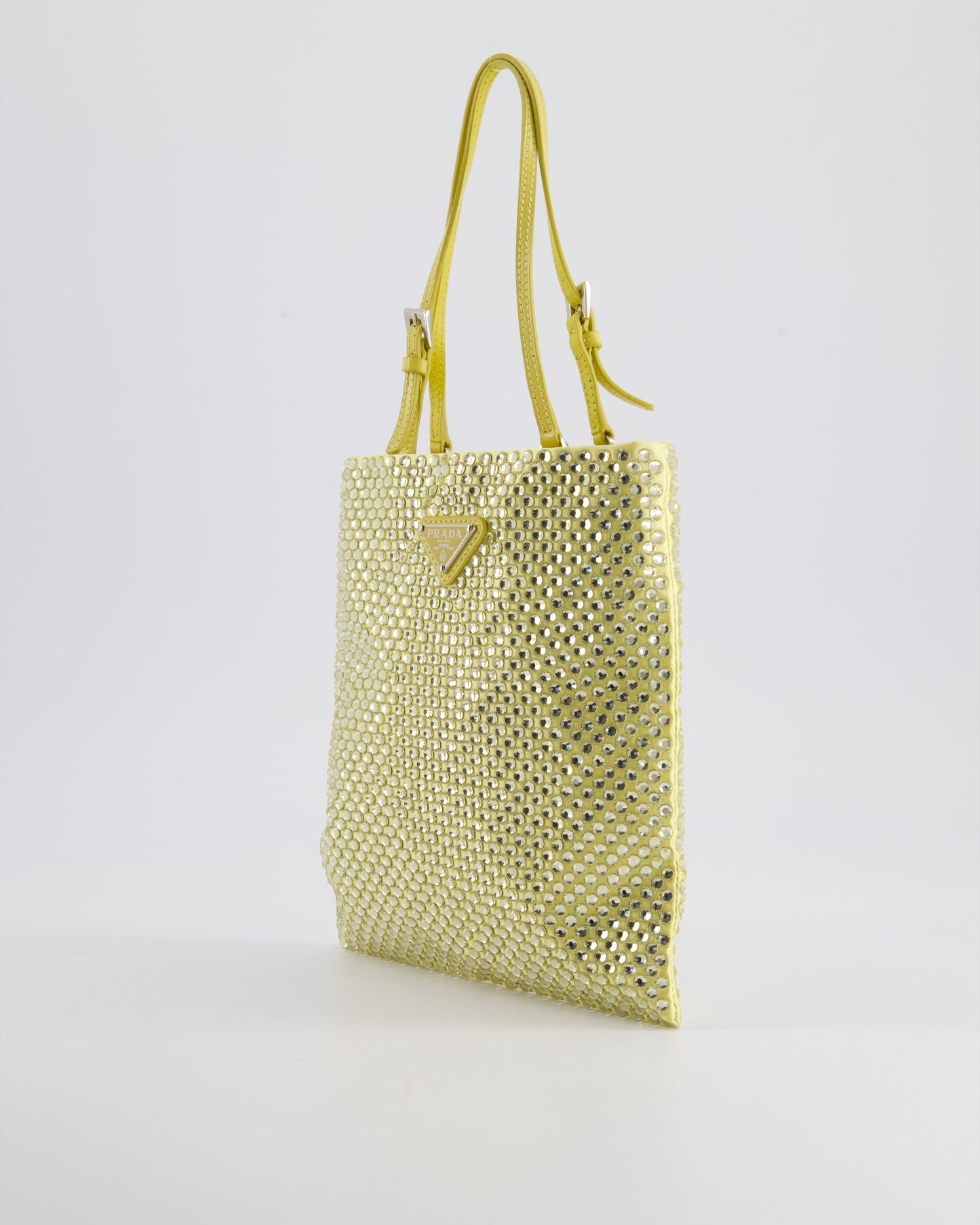 Prada Yellow Satin Crystal Bag with with Chain and Triangle Logo Detail and Silver Hardware
