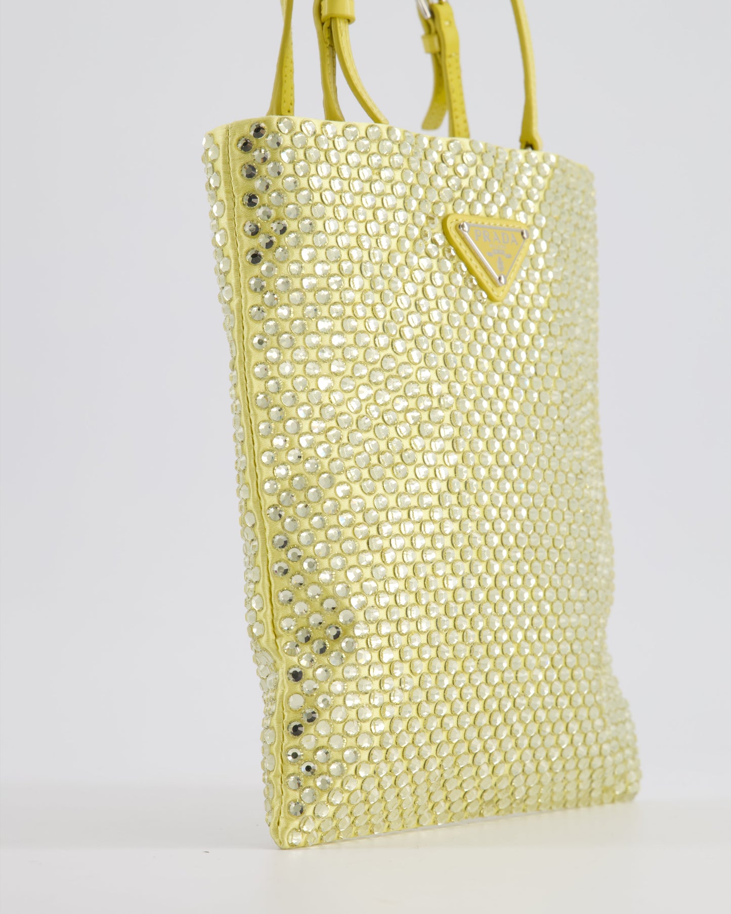 Prada Yellow Satin Crystal Bag with with Chain and Triangle Logo Detail and Silver Hardware