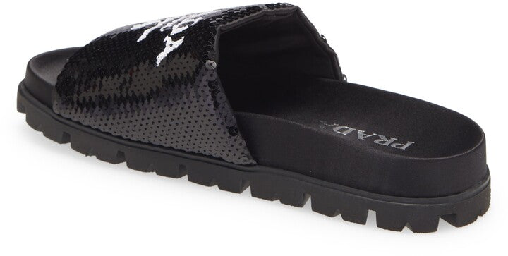 PRADA LOGO SEQUIN SLIDE SANDALS