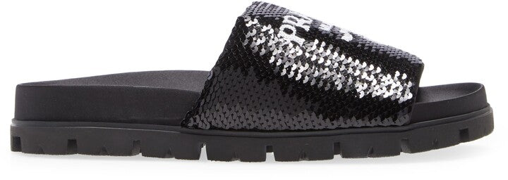 PRADA LOGO SEQUIN SLIDE SANDALS