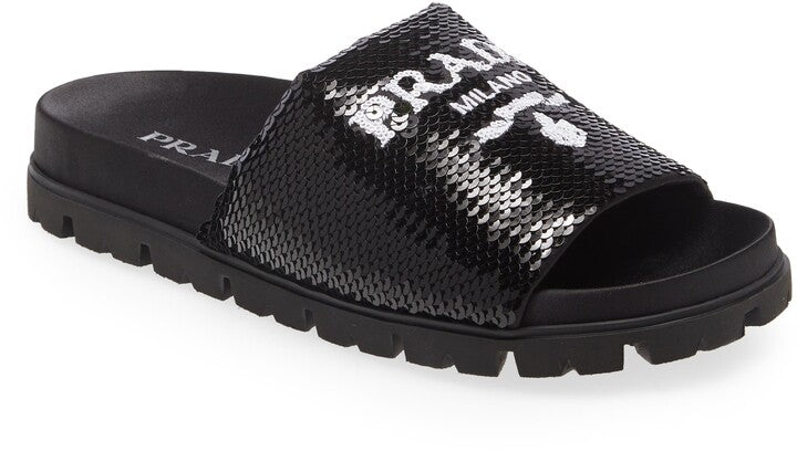 PRADA LOGO SEQUIN SLIDE SANDALS