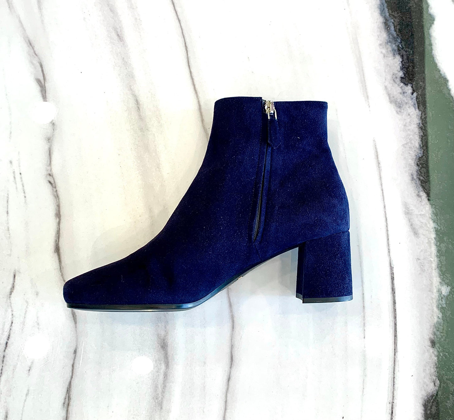 PRADA NAVY SUEDE CHUNKY HEEL BOOTS
