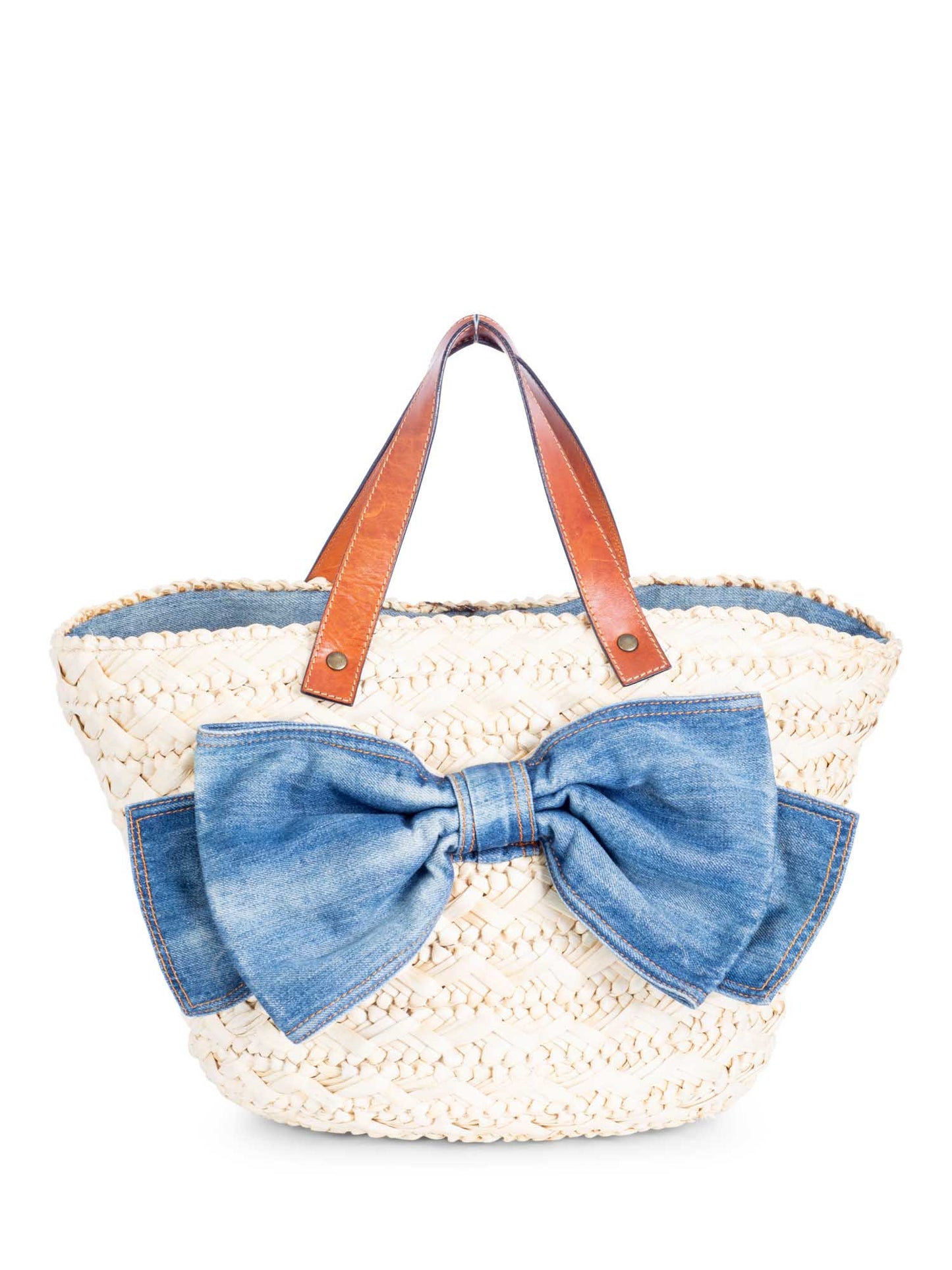 Red Valentino Straw Raffia Denim Bow Bag Beige