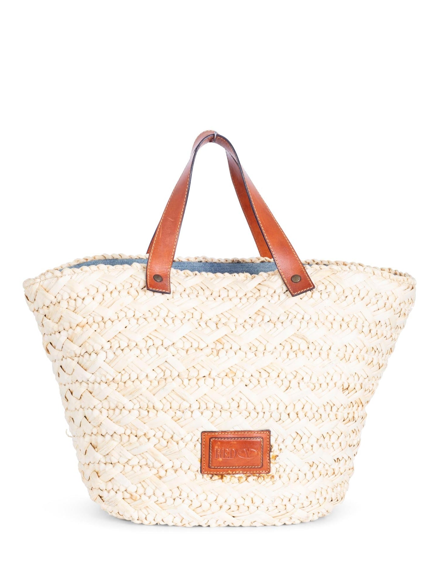 Red Valentino Straw Raffia Denim Bow Bag Beige