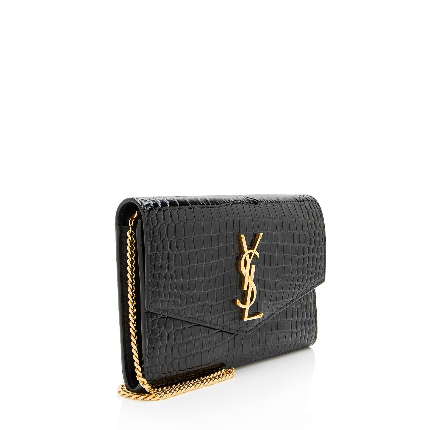 Saint Laurent Croc Embossed Leather Monogram Uptown Chain Wallet (SHF-nn92UW)