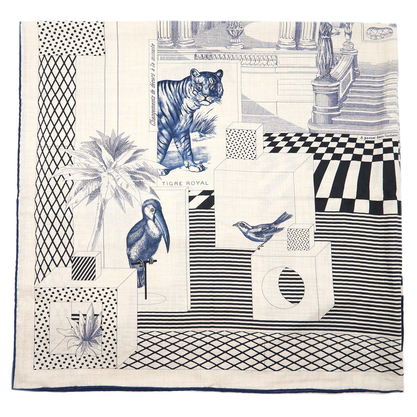Hermes 140cm Cashmere And Silk Grand Theatre Nouveau Naturel/Marine/Noir