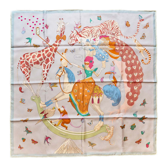 Hermes 90 x 90 Silk Scarf Hermes Story Bleu Glacier/Rose