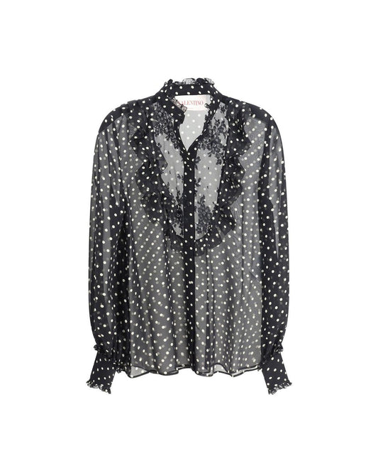 Valentino Polka Dot Silk Blouse Ruffled Detail Women Black Shirts Black