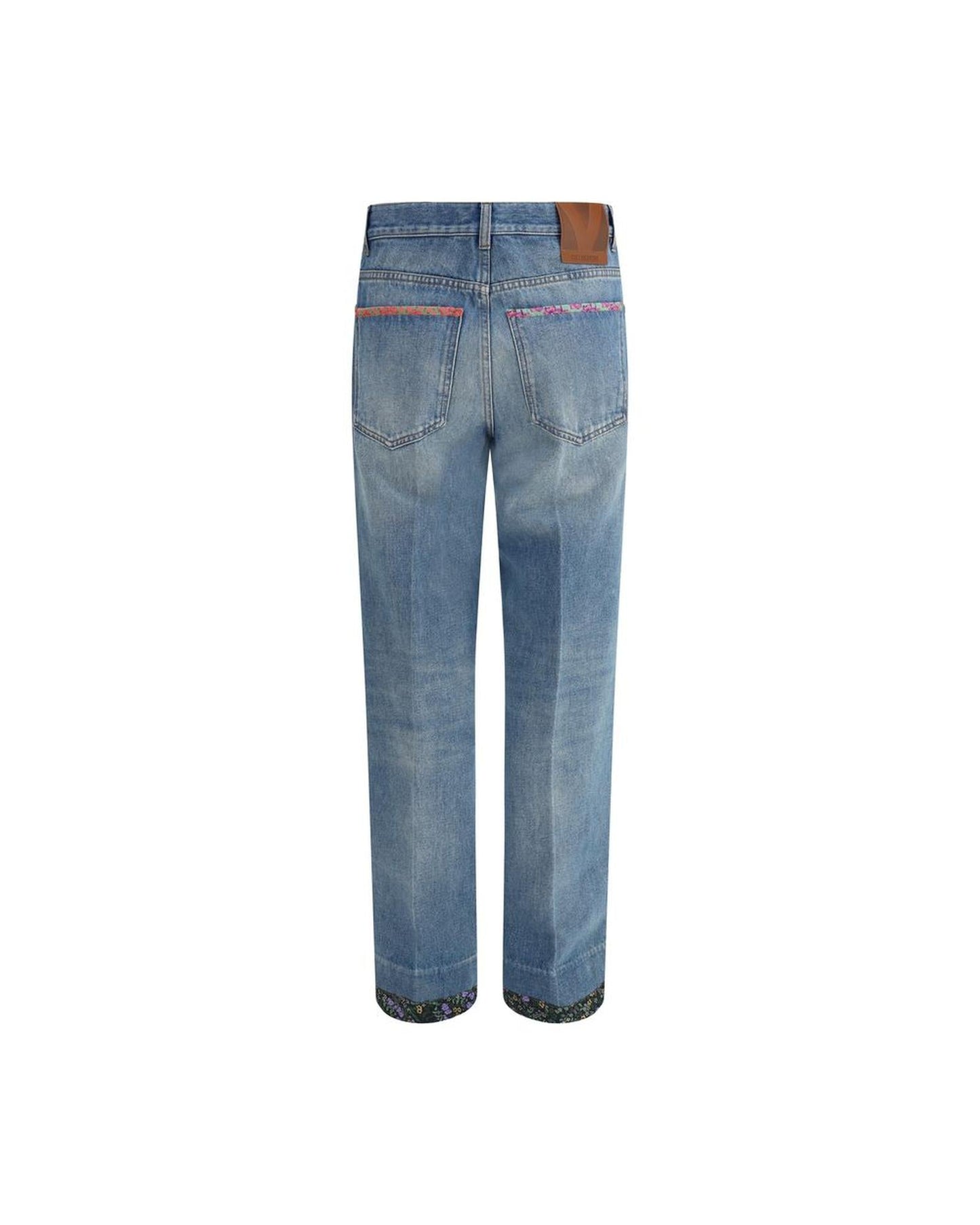Valentino Straight Leg Jeans Floral Trim Women Blue Pants