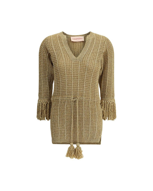 Valentino Metallic Knit Mini Dress with Tassels Women Gold Sweaters Gold