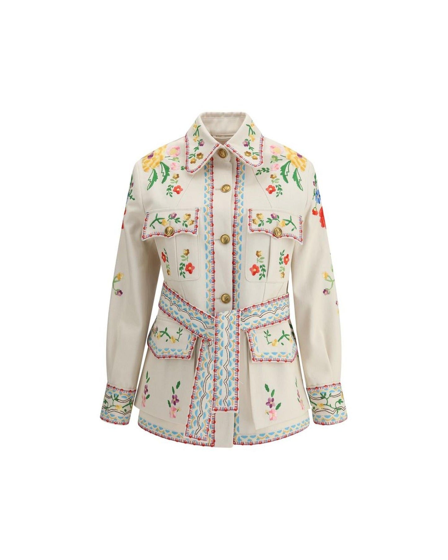 Valentino Floral Embroidered Belted Jacket Women Multicolor Coats Multicolor