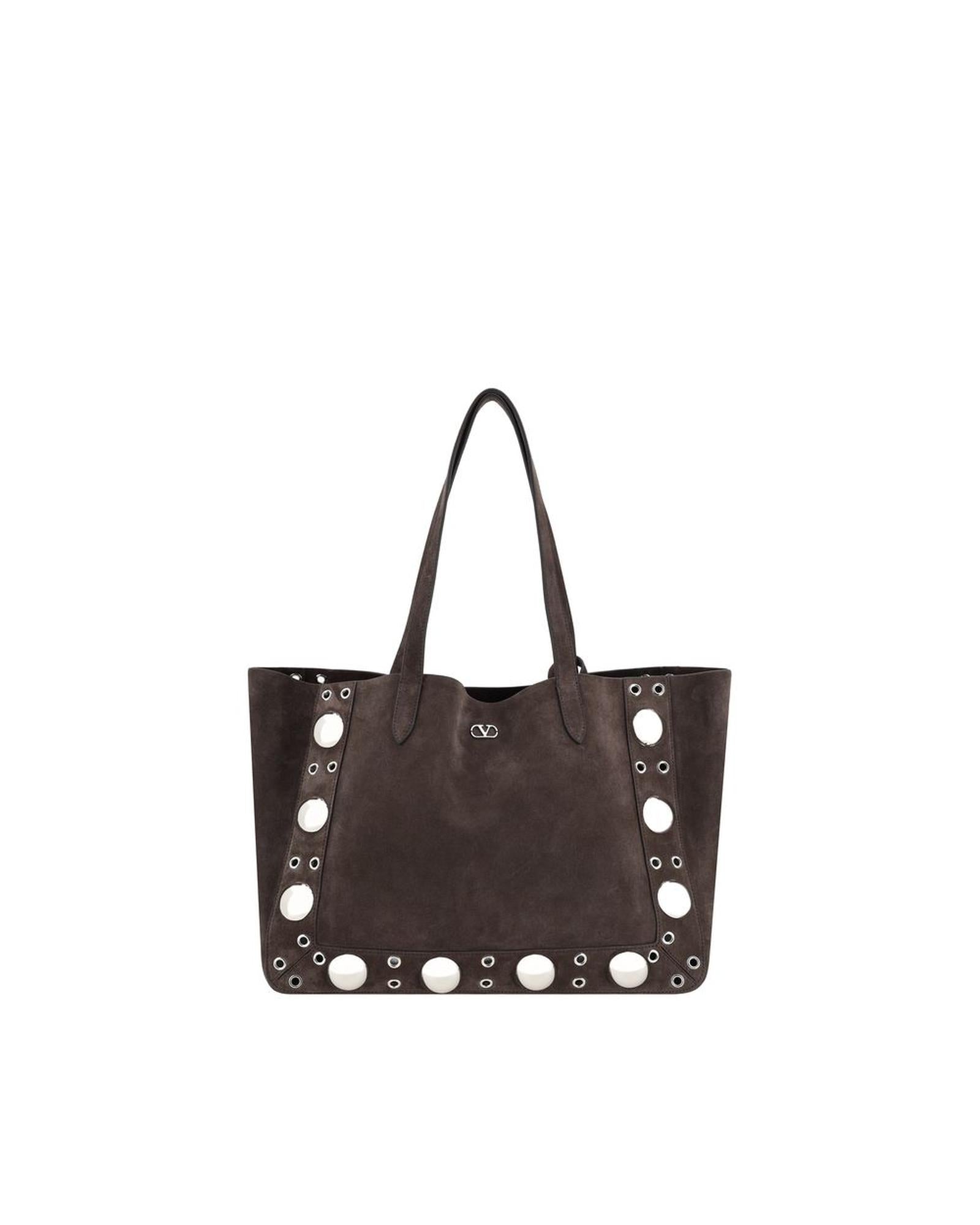 Valentino Garavani Suede Leather Tote Eyelet Detail Women Brown Shoulder Bags ONE SIZE Brown