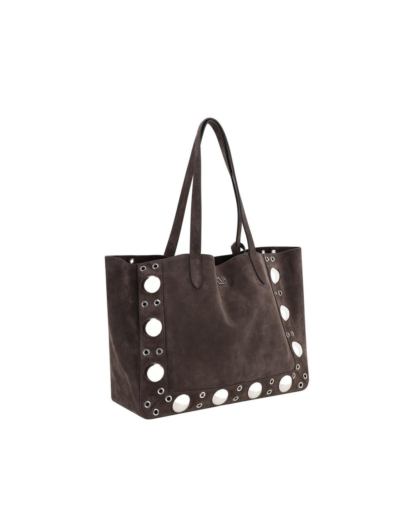 Valentino Garavani Suede Leather Tote Eyelet Detail Women Brown Shoulder Bags