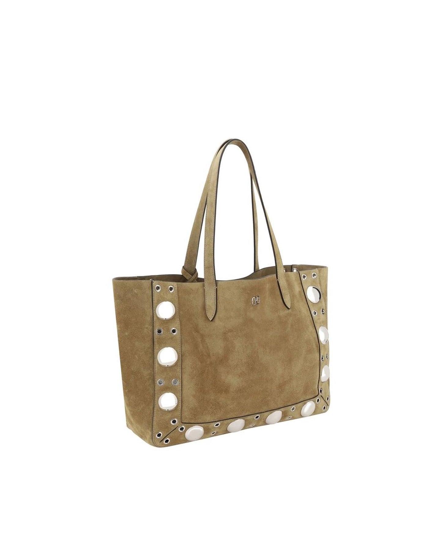 Valentino Garavani Elegant Suede Tote Bag with VLogo Plaque and Mirrored Studs Women Brown Shoulder Bags