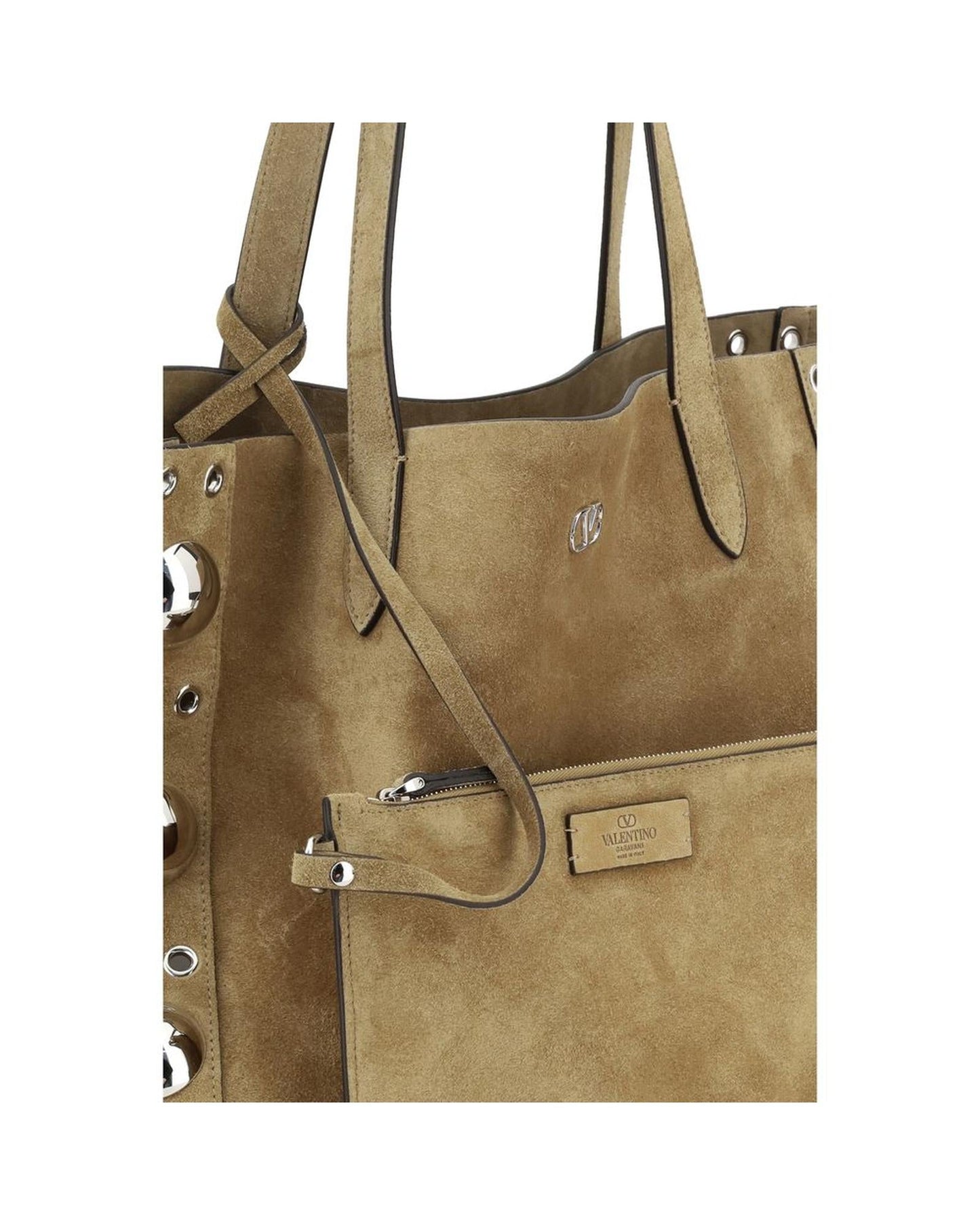 Valentino Garavani Elegant Suede Tote Bag with VLogo Plaque and Mirrored Studs Women Brown Shoulder Bags