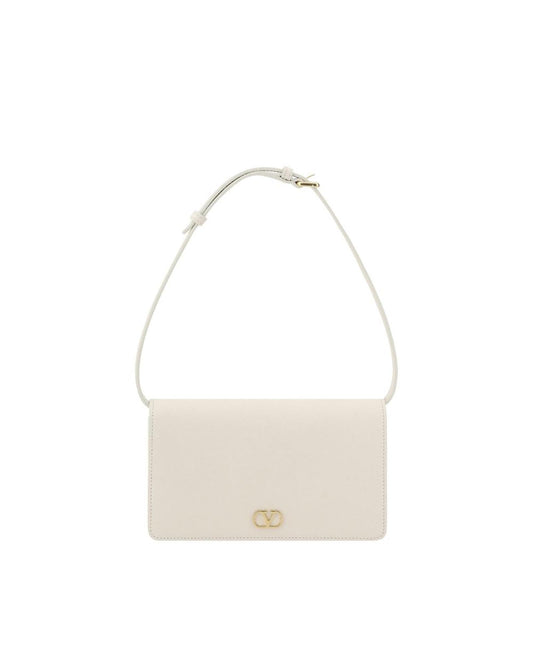 Valentino Garavani VLogo Hammered Leather Shoulder Bag with Adjustable Strap Women Cream Wallets & Pouches ONE SIZE Cream