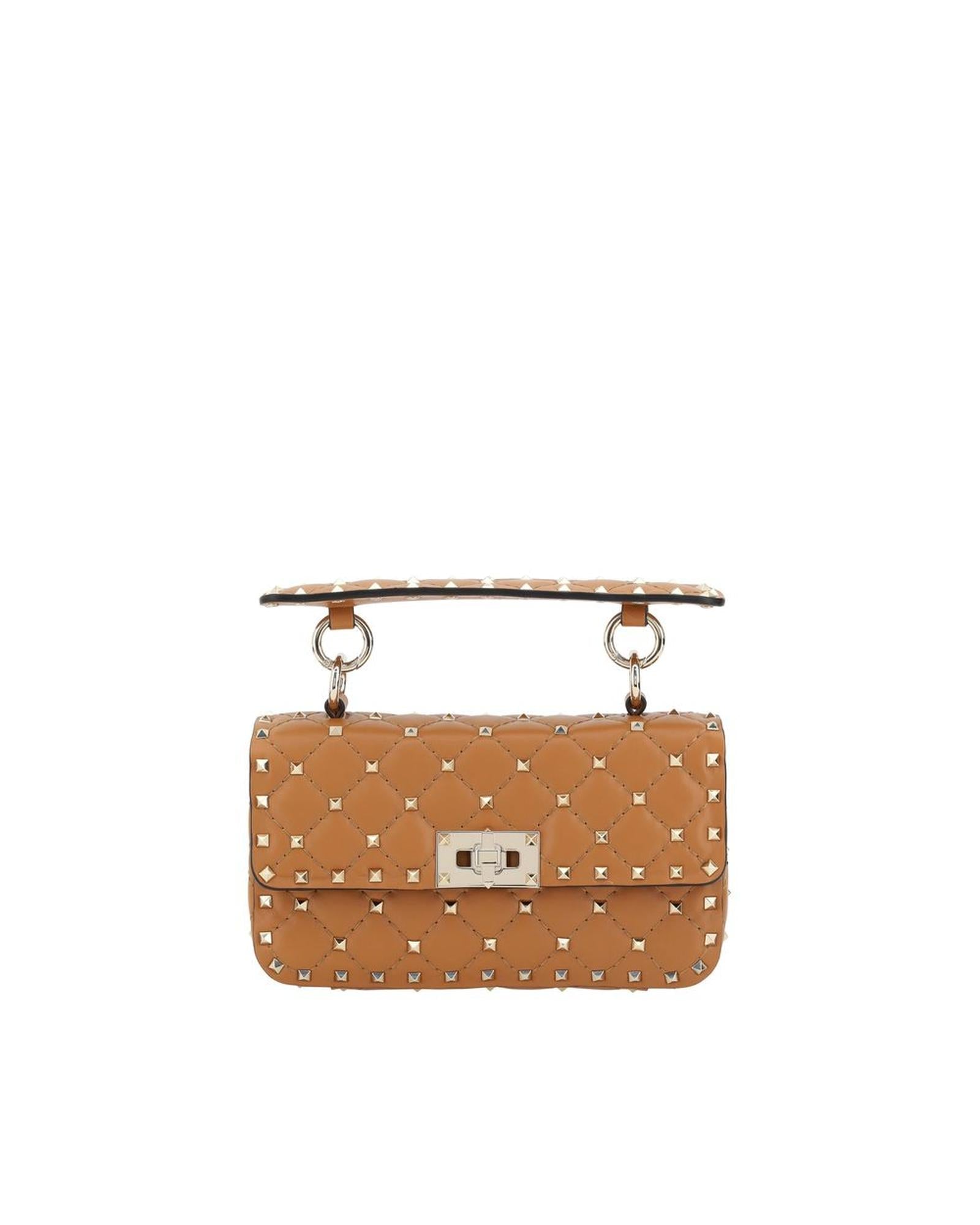 Valentino Garavani Rockstud Spike Small Leather Handbag with Applique Studs and Removable Chain Strap ONE SIZE Brown