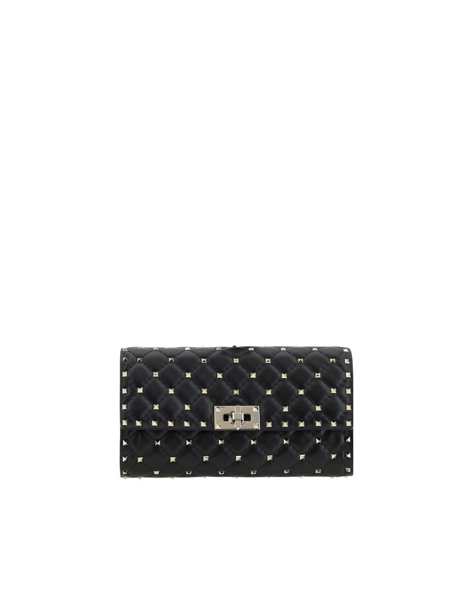 Valentino Garavani Rockstud Quilted Leather Clutch Women Black Shoulder Bags ONE SIZE Black