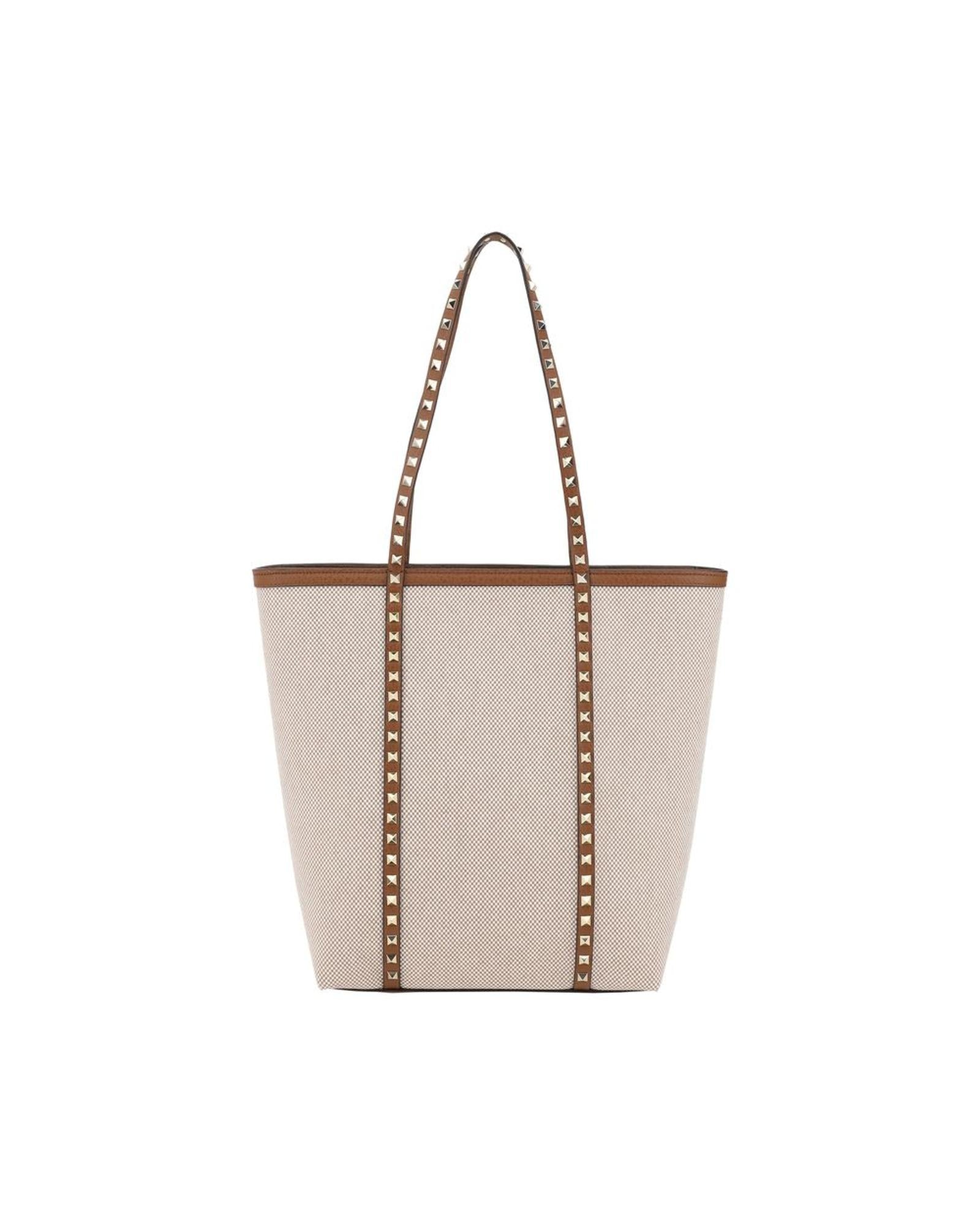 Valentino Garavani Rockstud Tote Medium Canvas Bag Women Beige Shoulder Bags ONE SIZE Beige