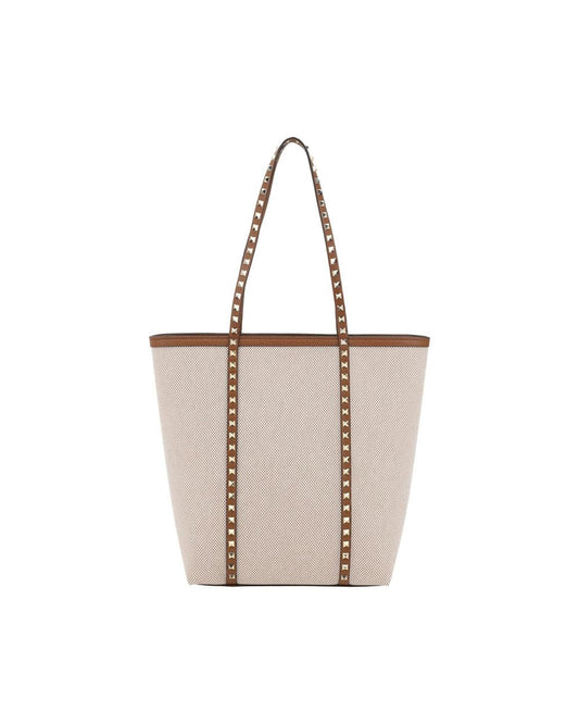 Valentino Garavani Rockstud Tote Medium Canvas Bag Women Beige Shoulder Bags ONE SIZE Beige