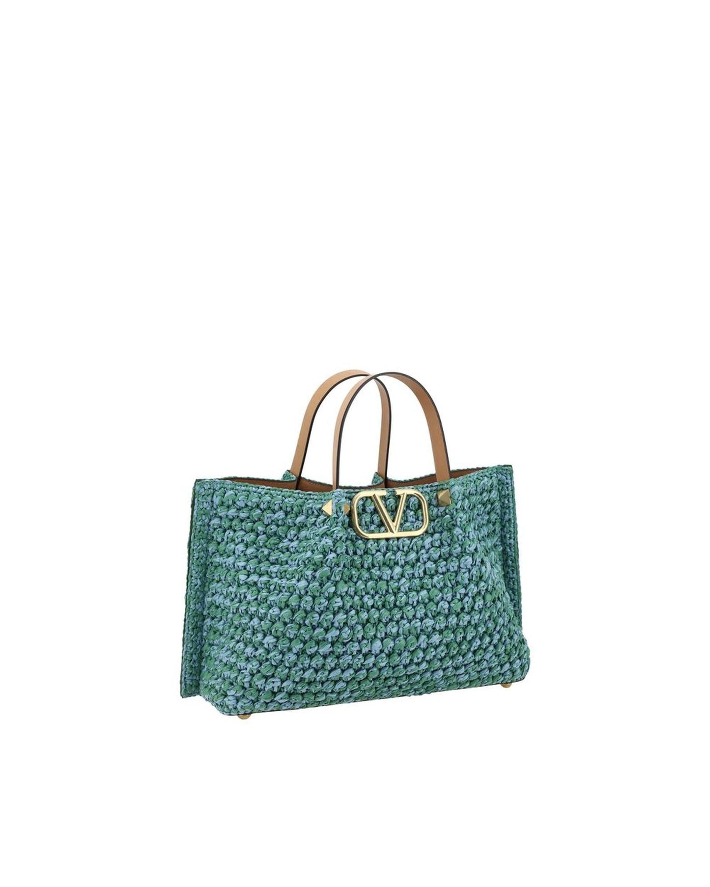 Valentino Garavani Raffia Tote Bag with Metal VLogo and Leather Pouch Women Light Blue Shoulder Bags