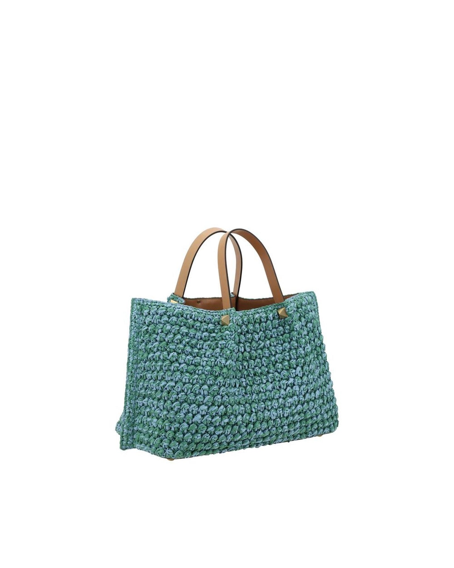 Valentino Garavani Raffia Tote Bag with Metal VLogo and Leather Pouch Women Light Blue Shoulder Bags
