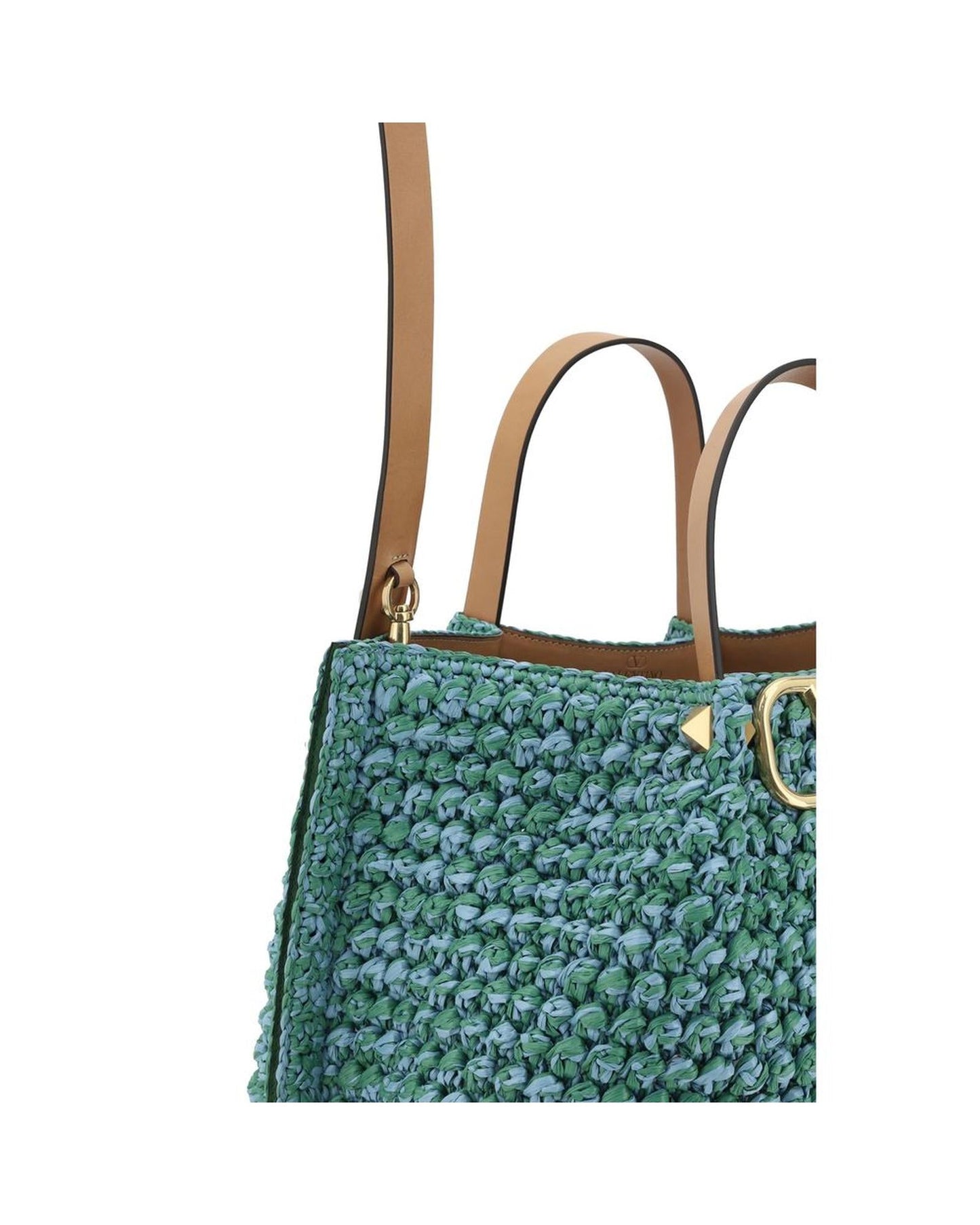 Valentino Garavani Raffia Tote Bag with Metal VLogo and Leather Pouch Women Light Blue Shoulder Bags