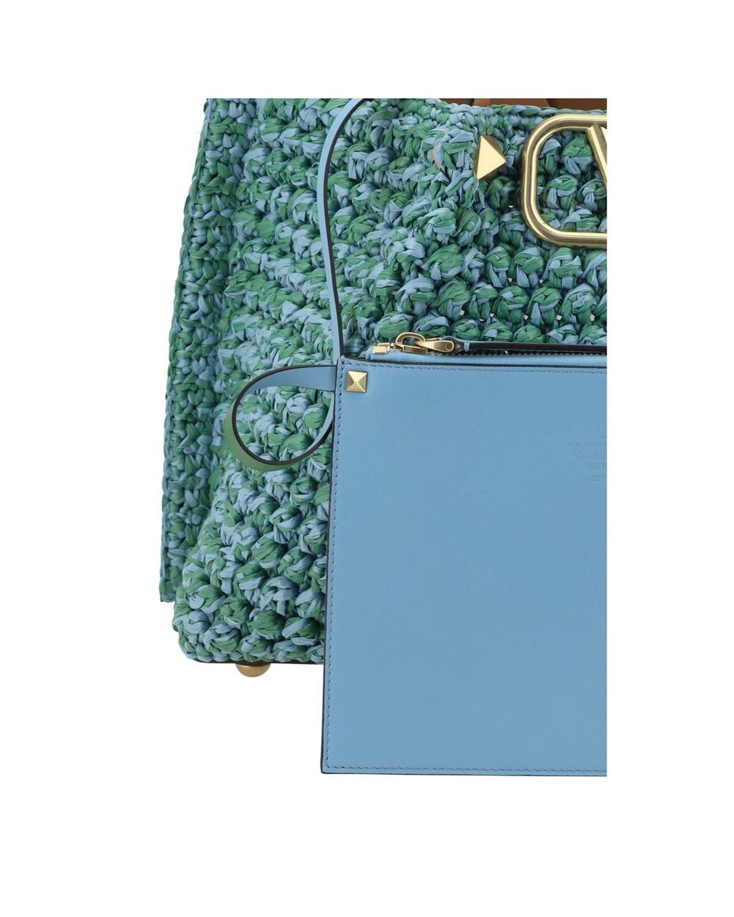 Valentino Garavani Raffia Tote Bag with Metal VLogo and Leather Pouch Women Light Blue Shoulder Bags