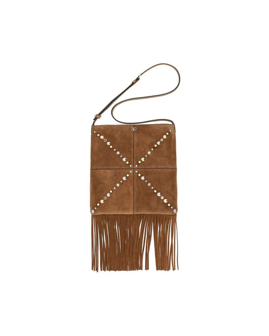 Valentino Garavani Suede Fringe Crossbody Bag with Studs Men Brown Shoulder Bags ONE SIZE Brown
