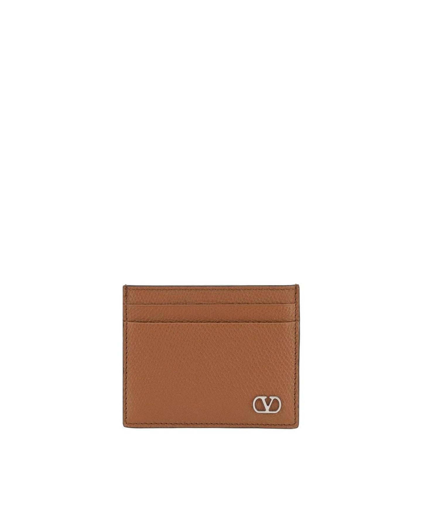 Valentino Garavani Luxury Grained Leather Card Holder with Embossed Logo Brown