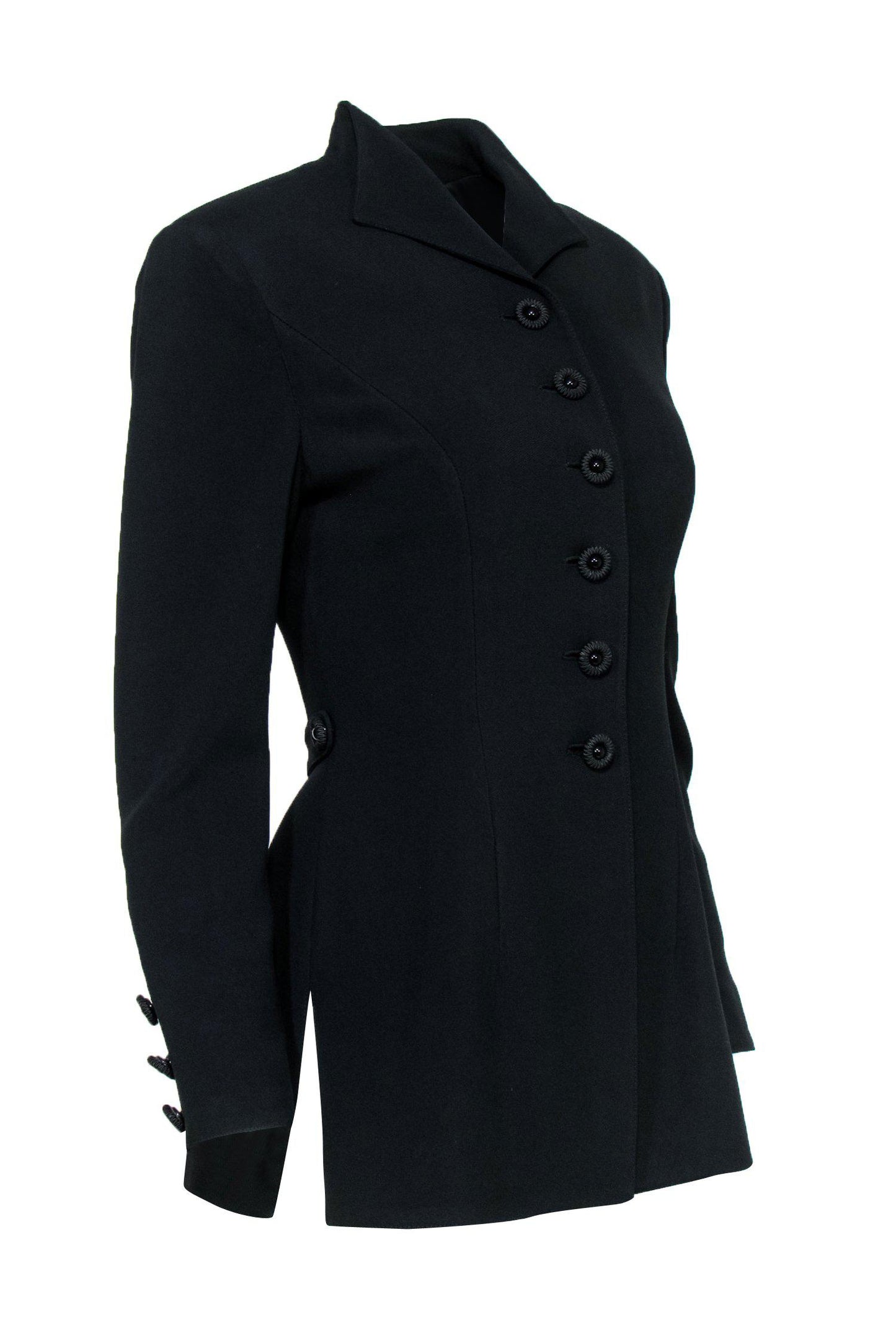 Valentino - Black Fitted Longline Coat w/ Embroidered Buttons Sz M