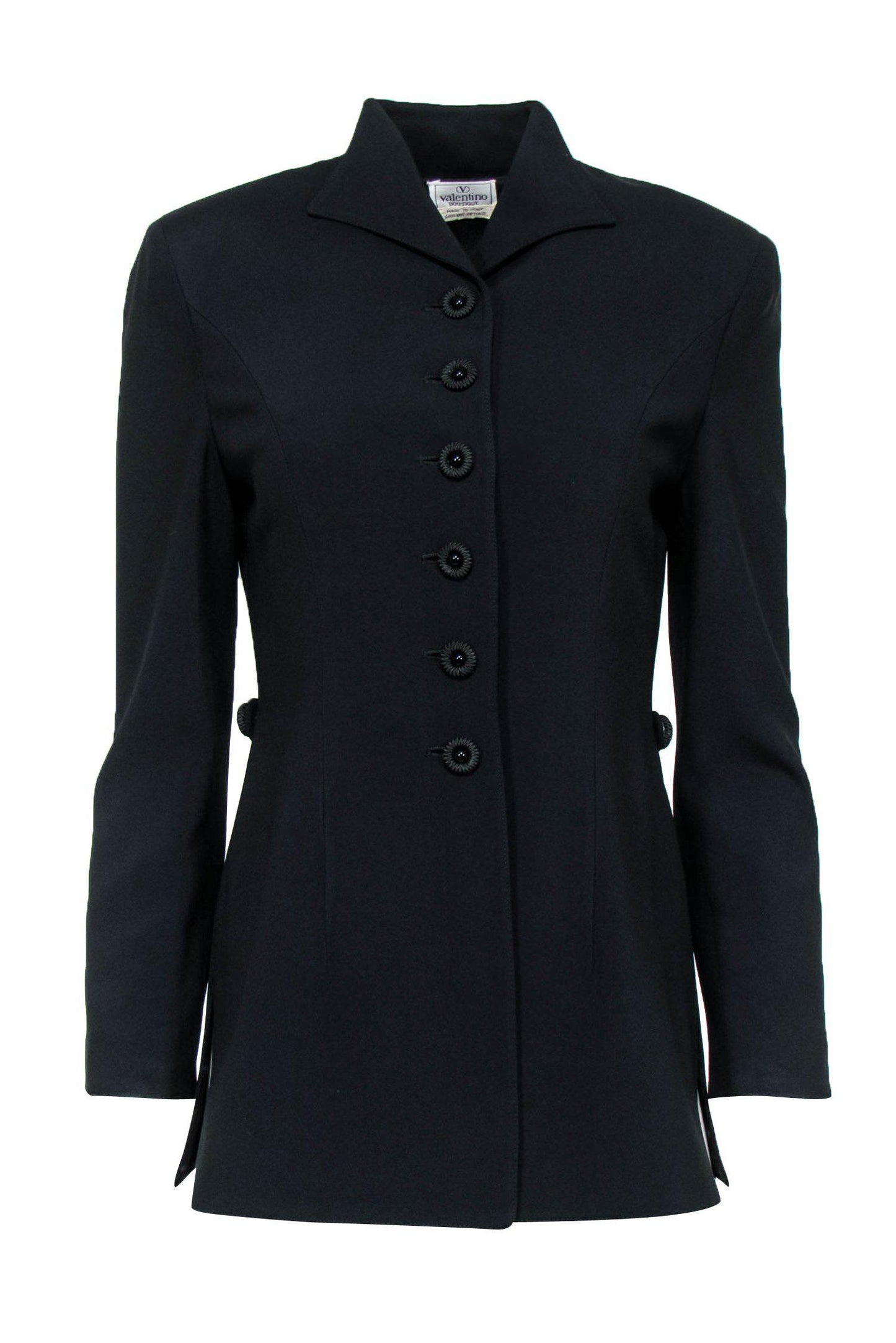 Valentino - Black Fitted Longline Coat w/ Embroidered Buttons Sz M