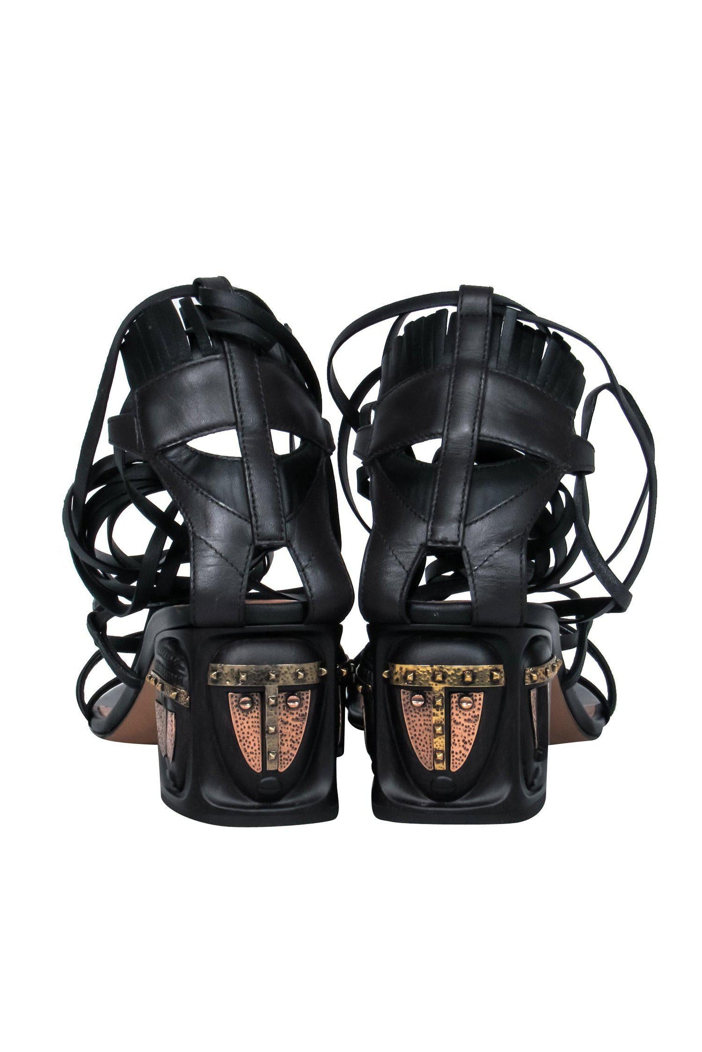 Valentino - Black Leather Lace-Up Block Heel Pumps w/ Tribal Hardware Sz 7