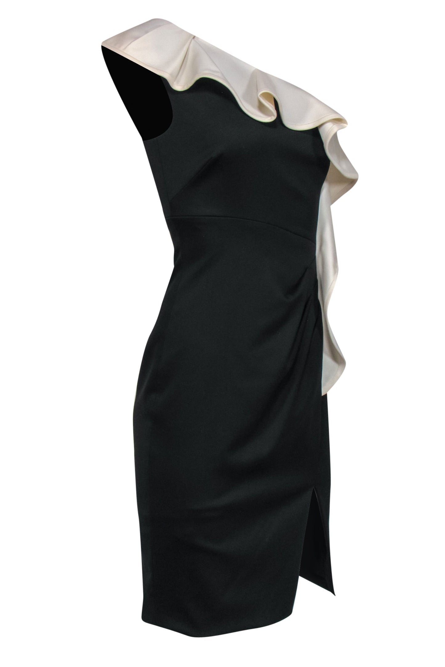 Valentino - Black One Shoulder Sheath Cocktail Dress w/ Ivory Ruffle Sz 4