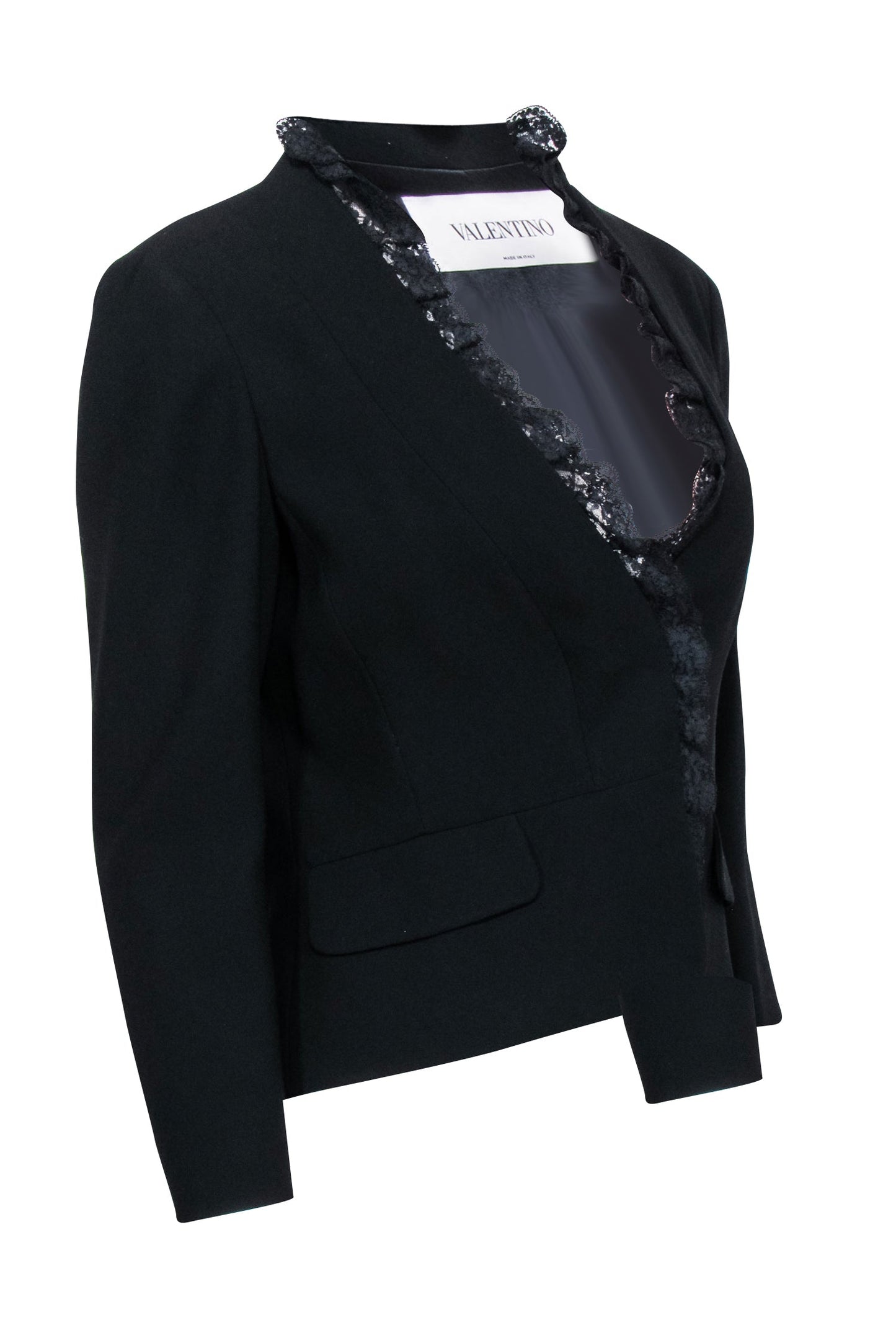 Valentino - Black Open-Front Blazer w/ Lace Trim Sz 8