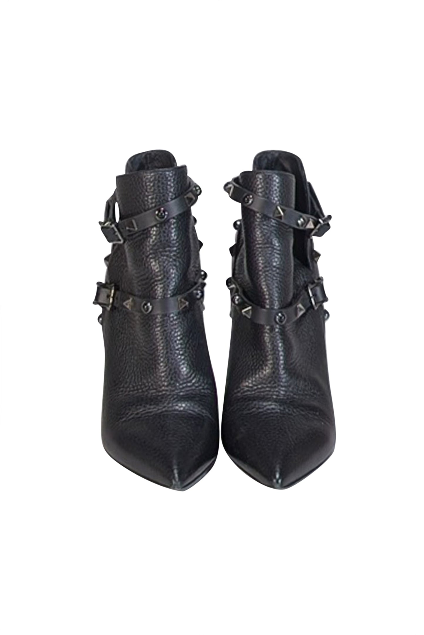 Valentino - Black Pebbled Leather Studded Trim Short Heel Boots Sz 7