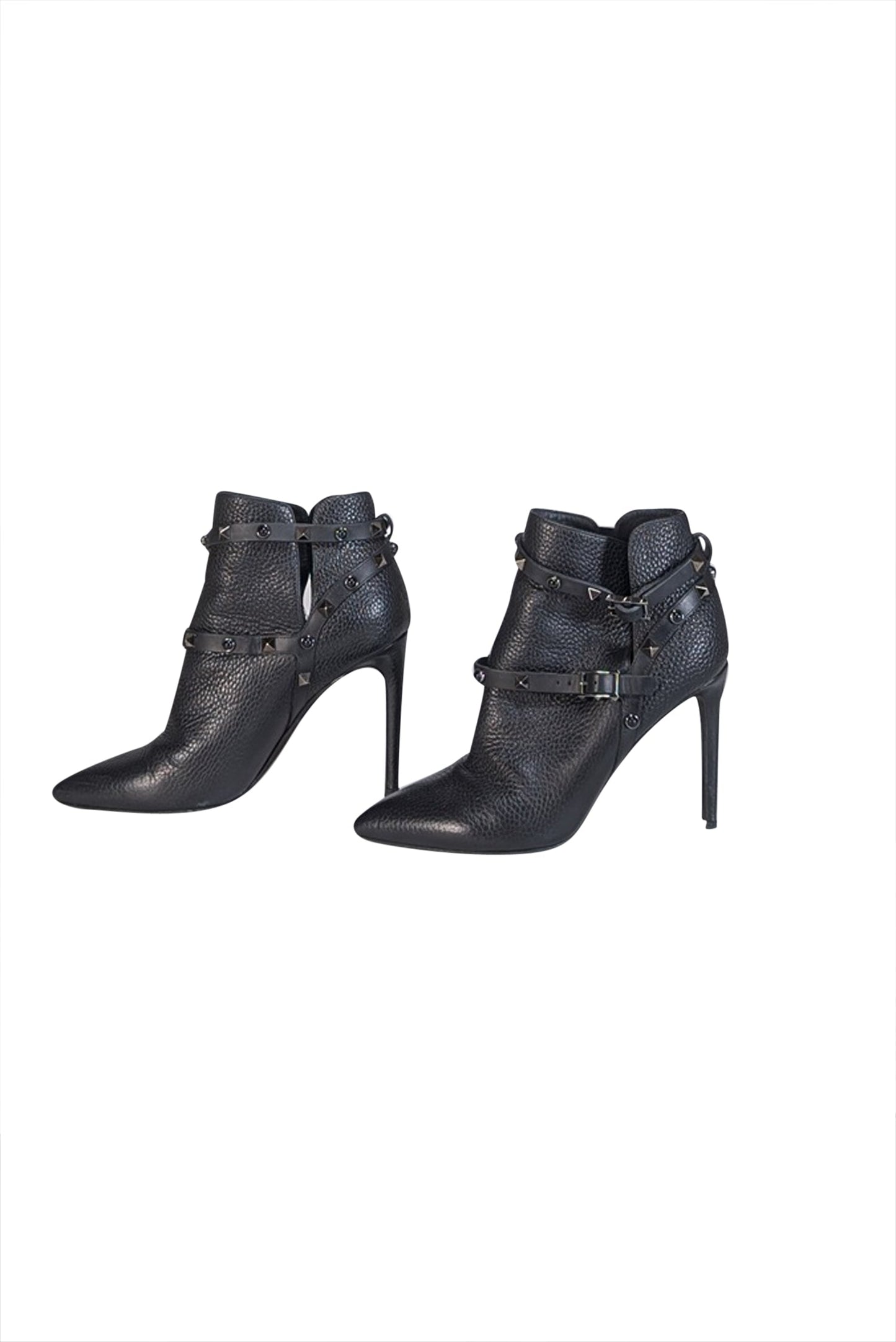 Valentino - Black Pebbled Leather Studded Trim Short Heel Boots Sz 7