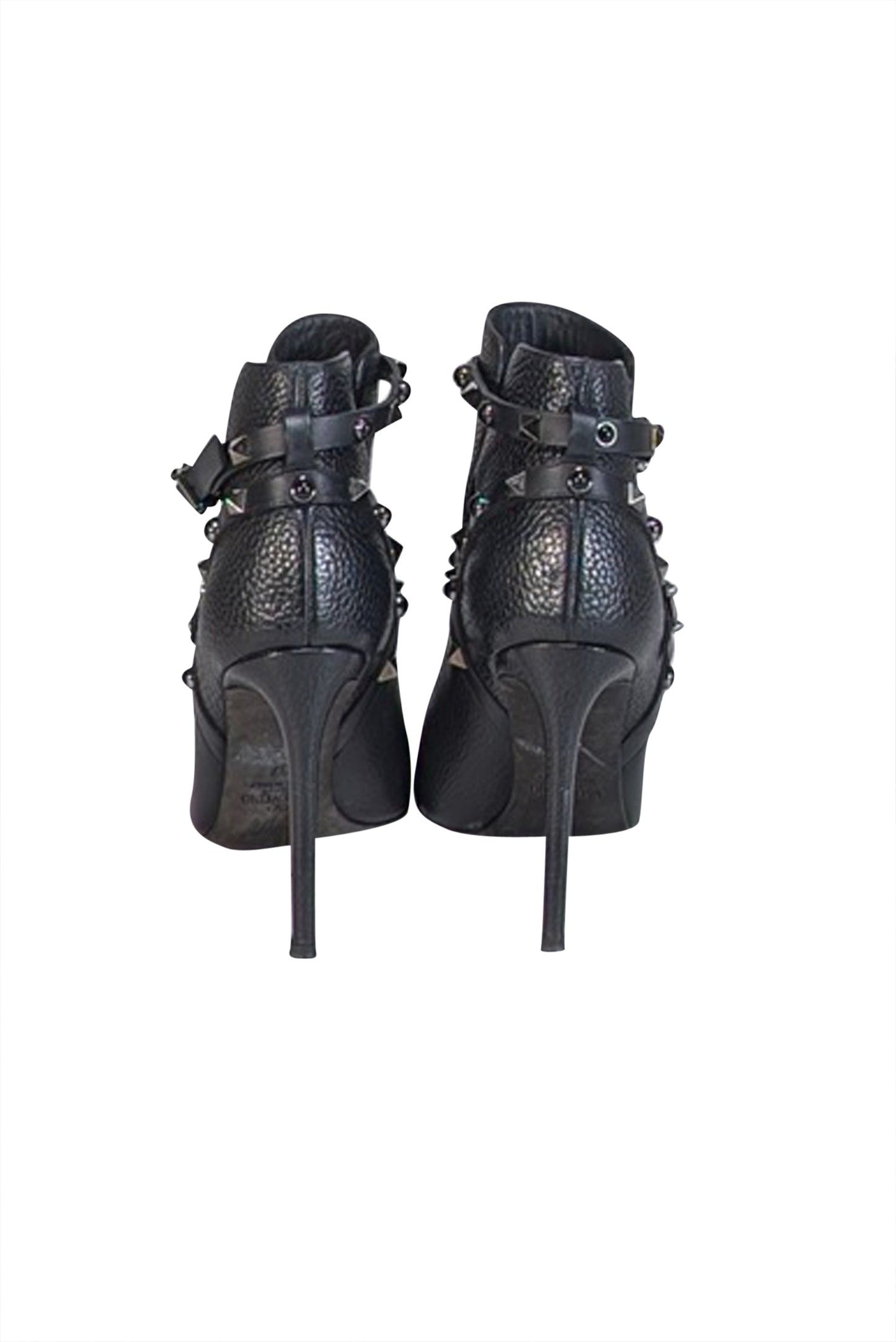 Valentino - Black Pebbled Leather Studded Trim Short Heel Boots Sz 7