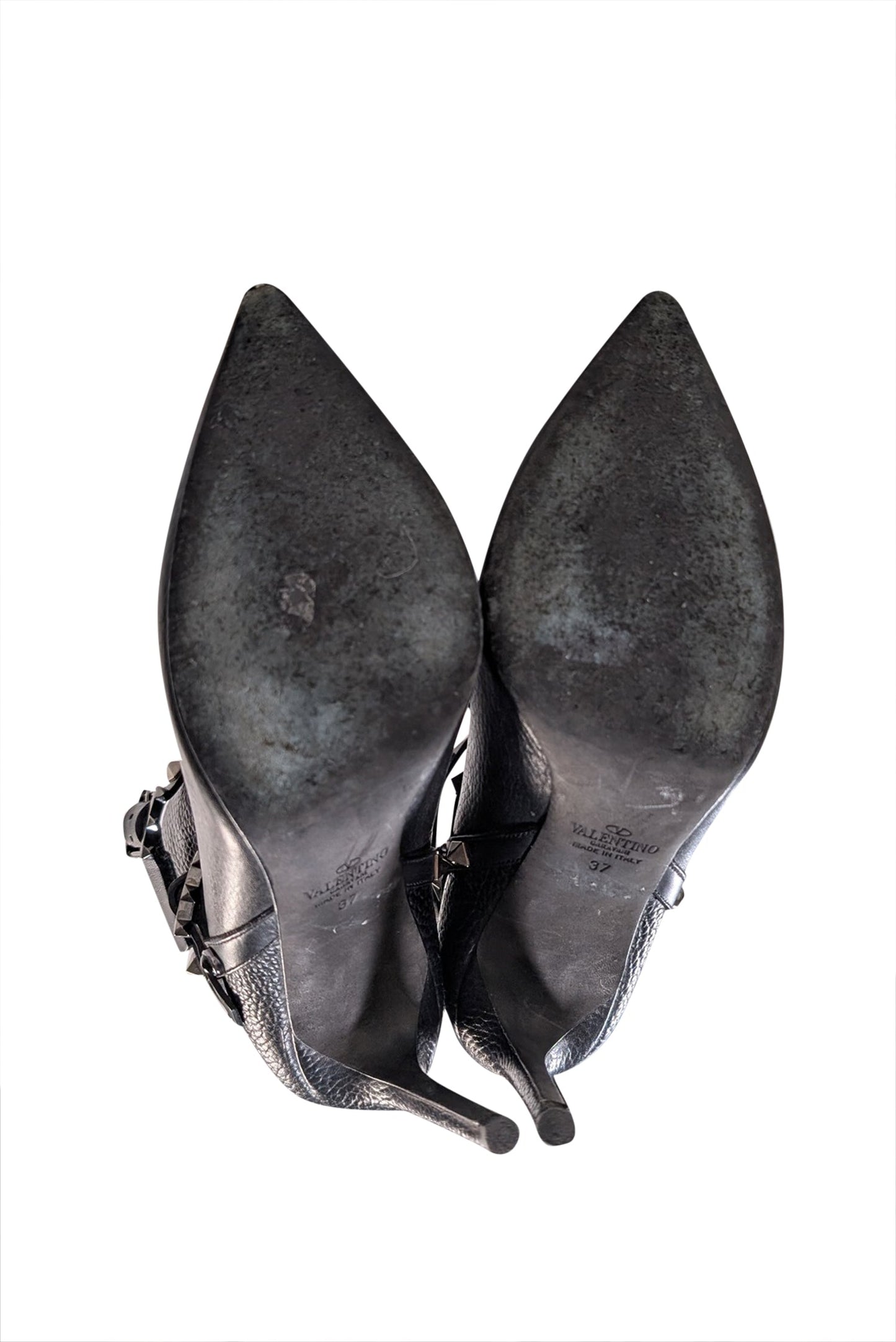 Valentino - Black Pebbled Leather Studded Trim Short Heel Boots Sz 7