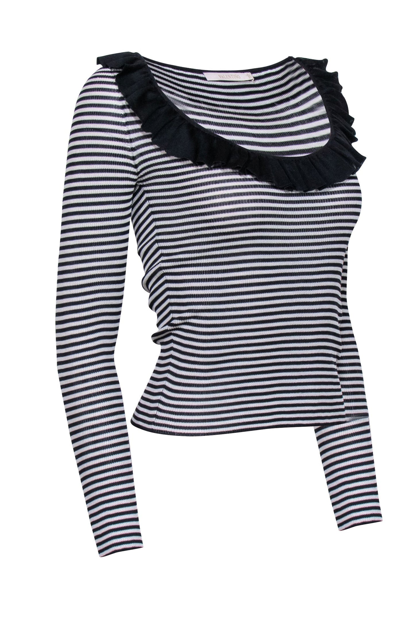 Valentino - Black & White Stripe Ribbed Knit w/ Ruffle Neck Top Sz M