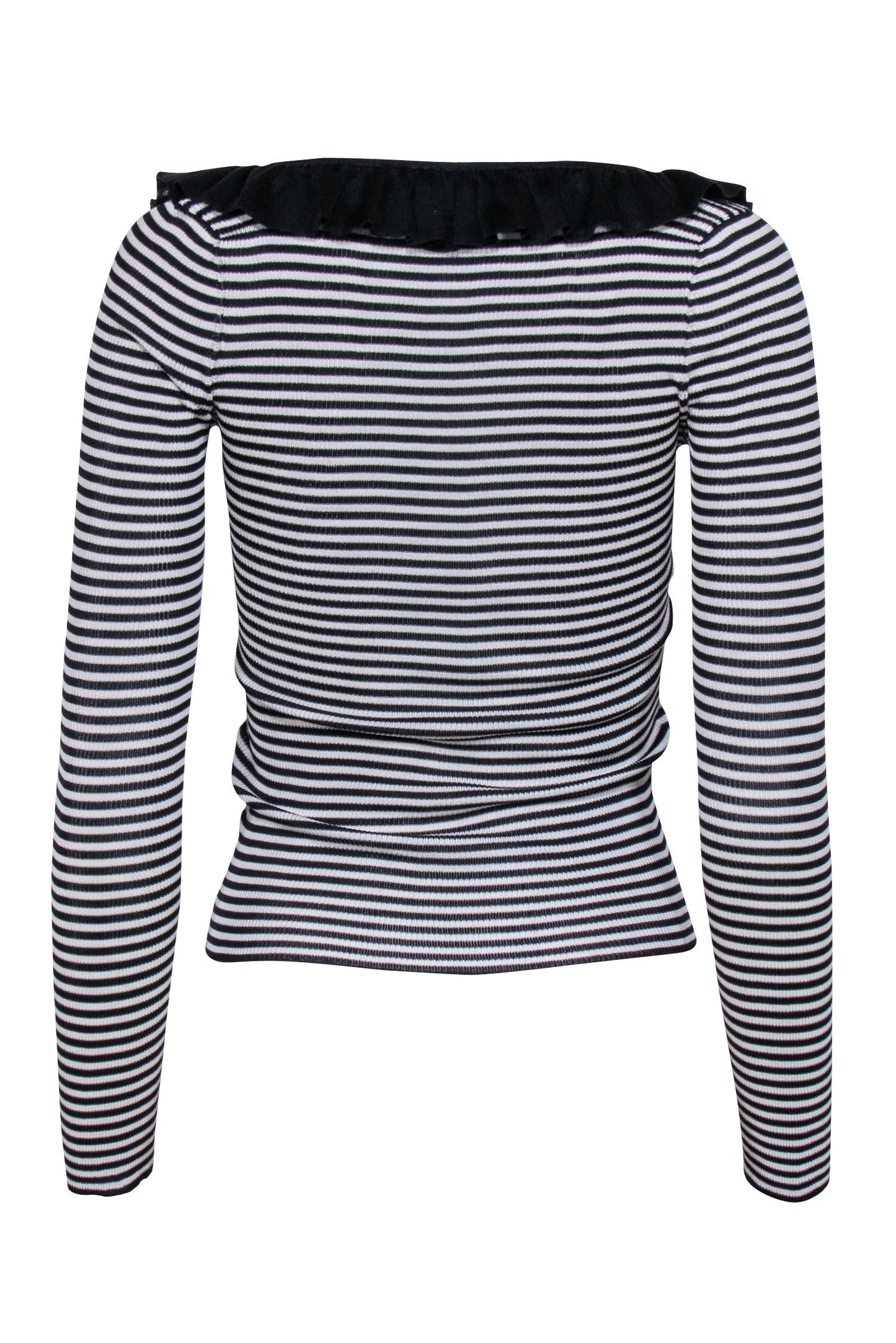 Valentino - Black & White Stripe Ribbed Knit w/ Ruffle Neck Top Sz M