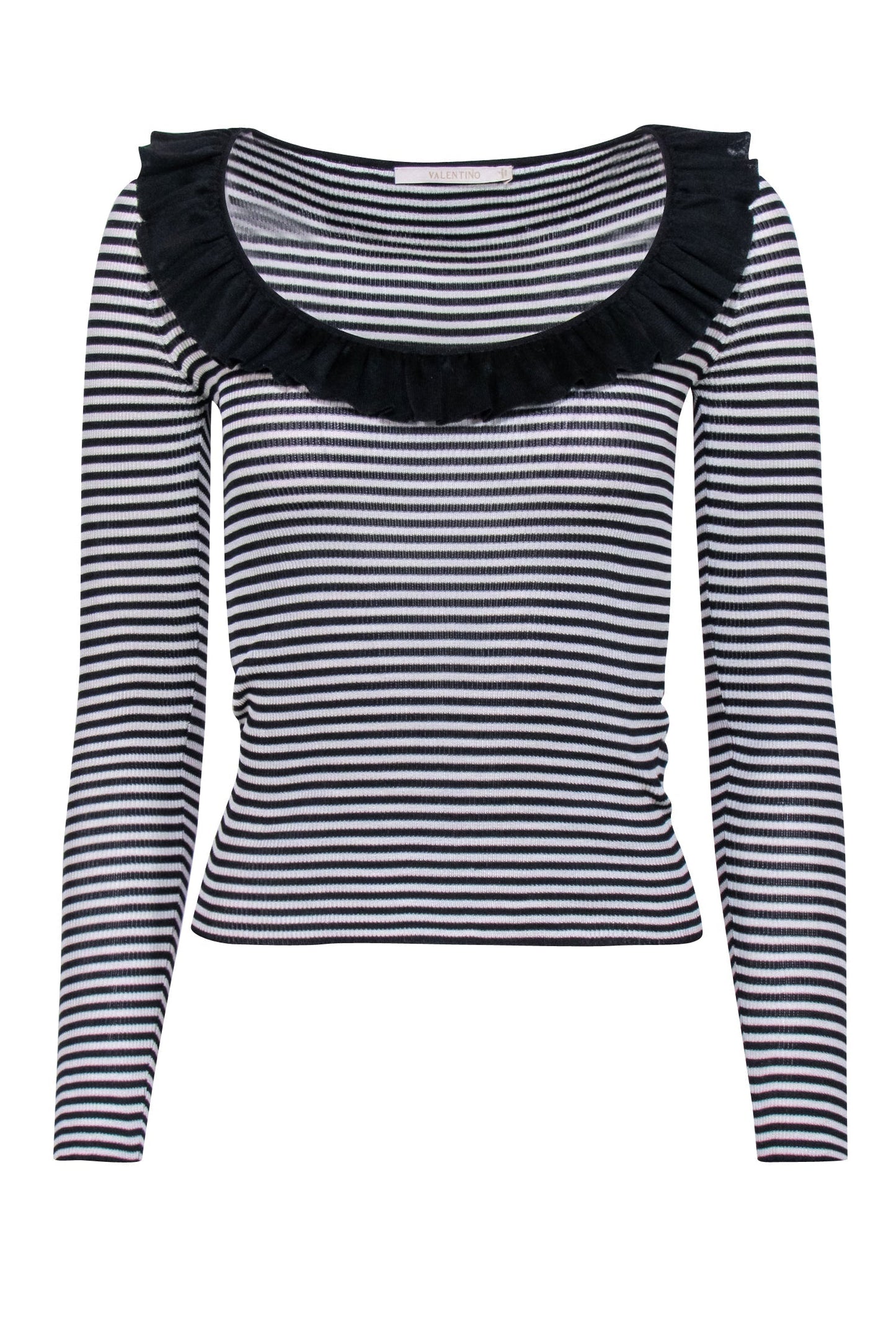 Valentino - Black & White Stripe Ribbed Knit w/ Ruffle Neck Top Sz M