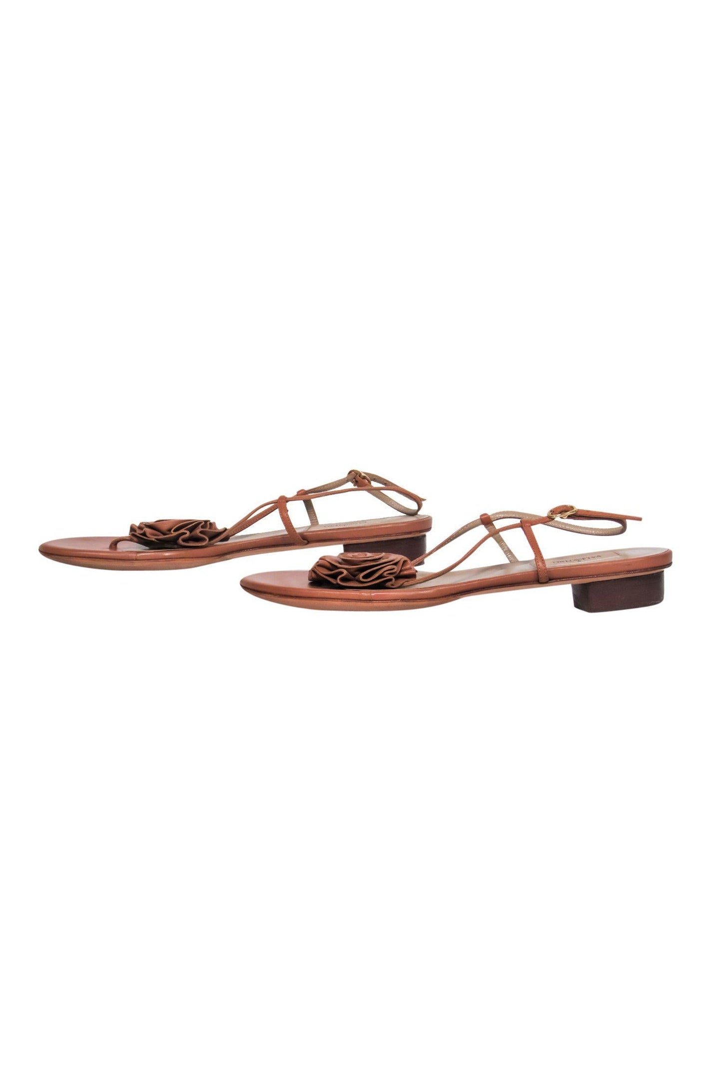 Valentino - Brown Leather Strappy Heeled Sandals w/ Rosette Design Sz 9