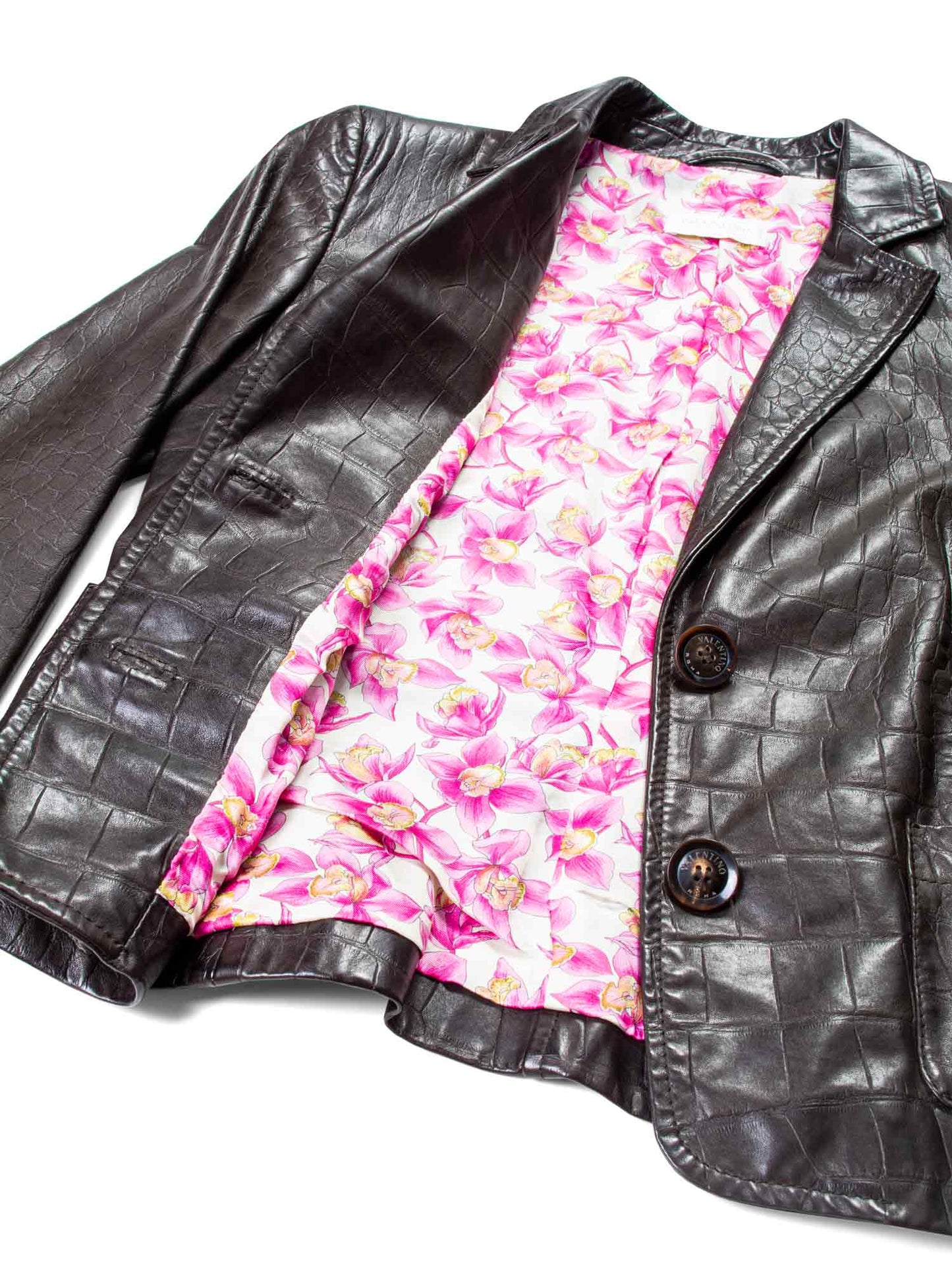 Valentino Crocodile Embossed Leather Fitted Jacket Brown