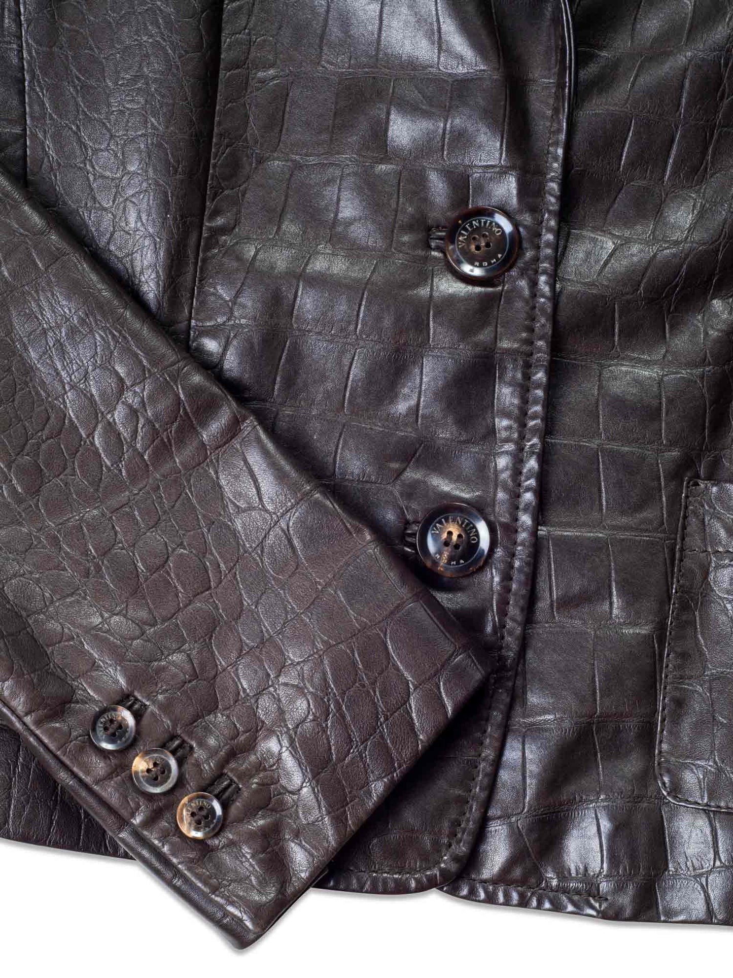 Valentino Crocodile Embossed Leather Fitted Jacket Brown