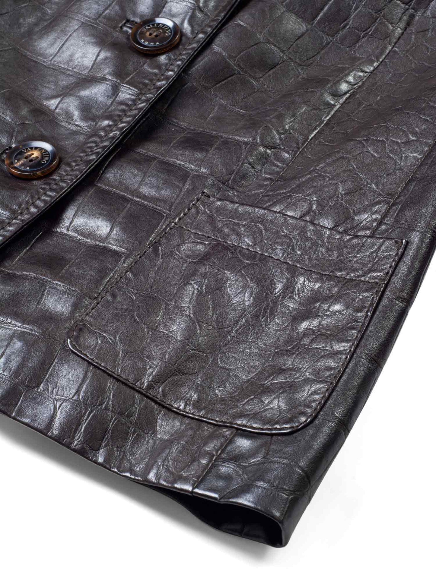 Valentino Crocodile Embossed Leather Fitted Jacket Brown