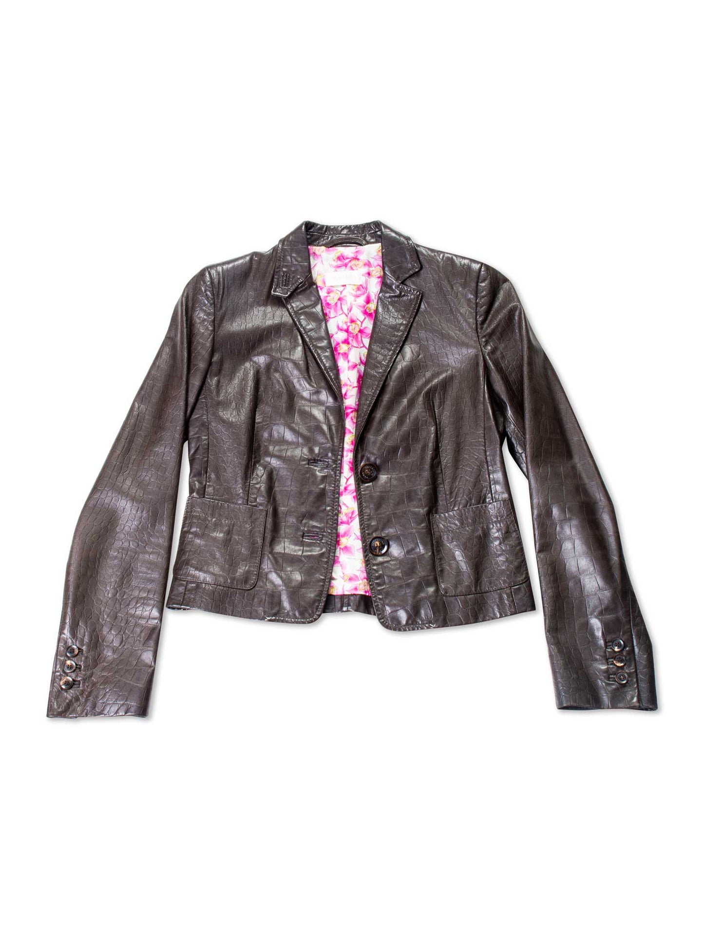 Valentino Crocodile Embossed Leather Fitted Jacket Brown-designer resale