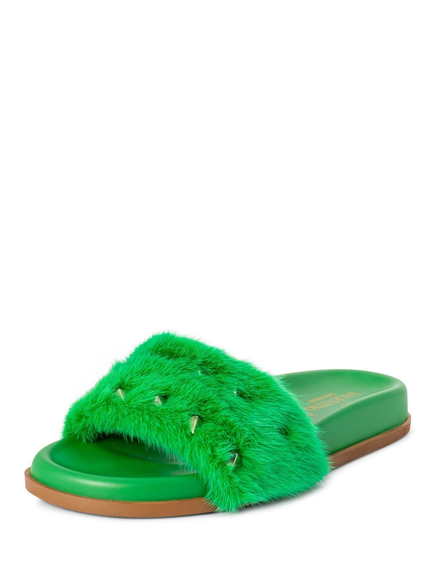 Valentino Fur Rockstud Slides Green