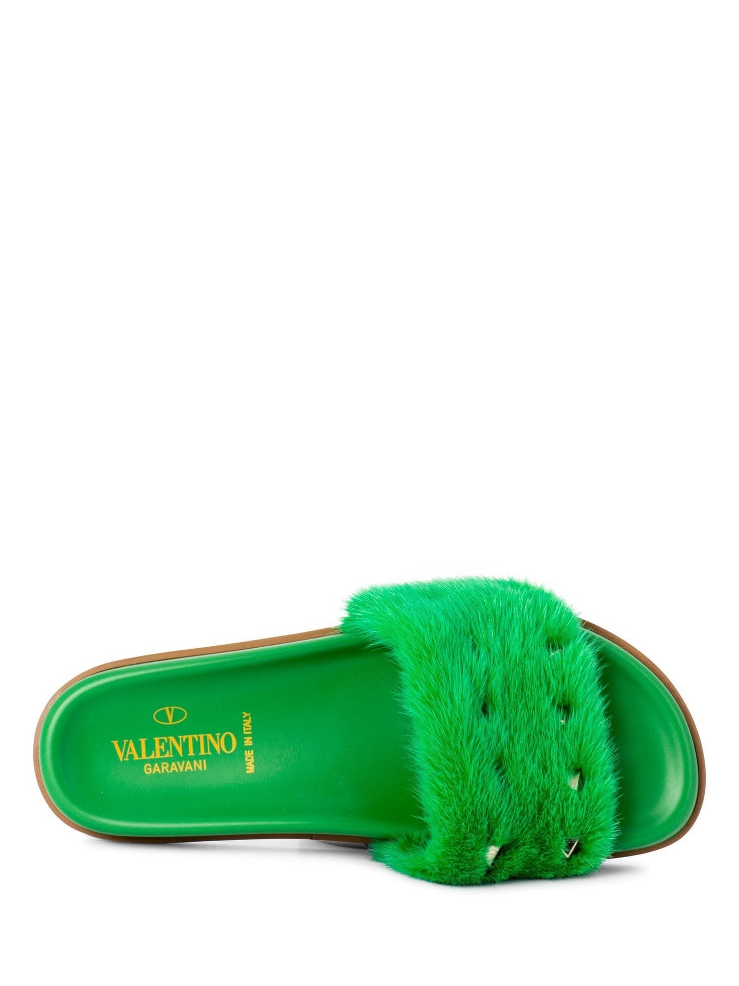 Valentino Fur Rockstud Slides Green